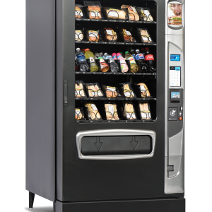Alpine 5000 Elevator refrigerated food and beverage vending machine with optional iCart touch screen and kick panel left quarter view.