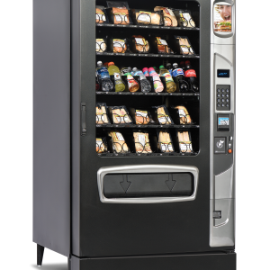 Alpine 5000 Elevator refrigerated food and beverage vending machine with optional kick panel left quarter view.