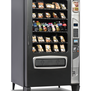 Alpine 5000 Elevator refrigerated food and beverage vending machine left quarter view.