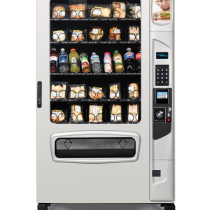 Alpine 5000 Elevator refrigerated food and beverage vending machine with optional platinum silver door styling.