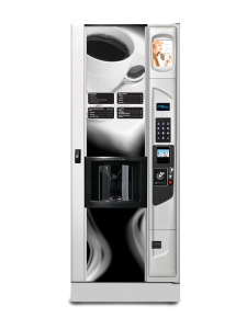 Geneva hot coffee vending machine with optional platinum silver door styling and kick panel.