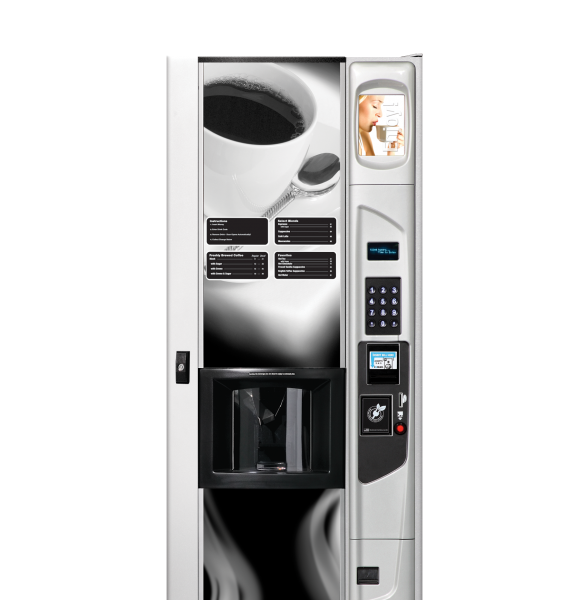 Geneva hot coffee vending machine with optional platinum silver door styling and kick panel.