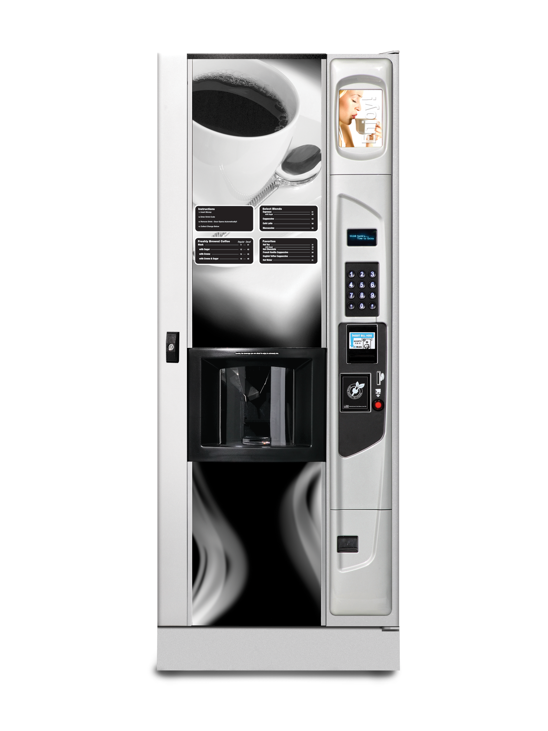 Geneva hot coffee vending machine with optional platinum silver door styling and kick panel.