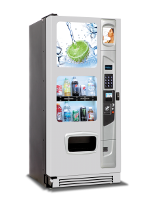 Summit 500 Cold drink vending machine with platinum silvery door styling left quarter view.